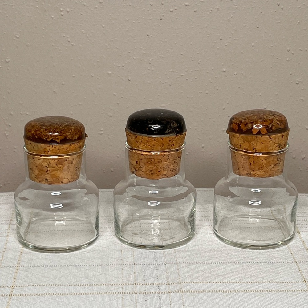 3 Glass Jars 3.75”Tall Cork Lids With Acrylic Resin On Top Vintage